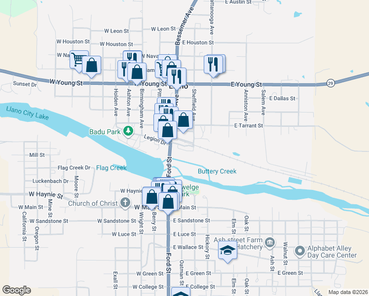 map of restaurants, bars, coffee shops, grocery stores, and more near 413 East Burnet Street in Llano