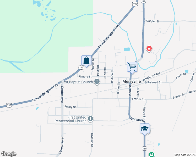 map of restaurants, bars, coffee shops, grocery stores, and more near Bryan Street in Merryville