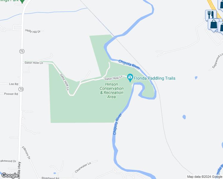 map of restaurants, bars, coffee shops, grocery stores, and more near 4446 Gator Hole Lane in Marianna