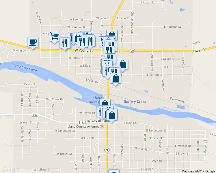map of restaurants, bars, coffee shops, grocery stores, and more near 400 Highway 71 in Llano