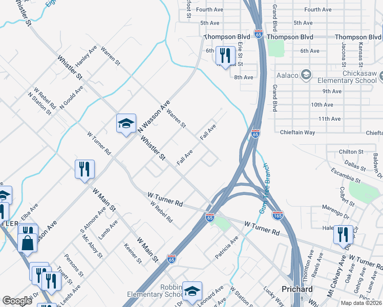 map of restaurants, bars, coffee shops, grocery stores, and more near 347 North Leeds Avenue in Prichard