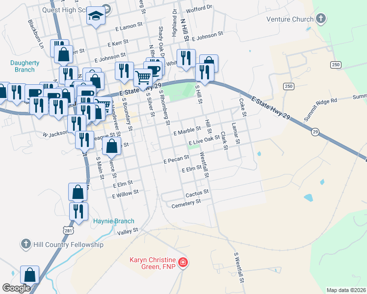 map of restaurants, bars, coffee shops, grocery stores, and more near 800 East Pecan Street in Burnet