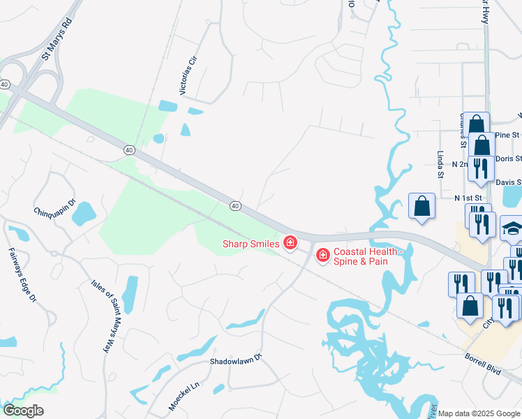 map of restaurants, bars, coffee shops, grocery stores, and more near 1447 Georgia 40 in Saint Marys