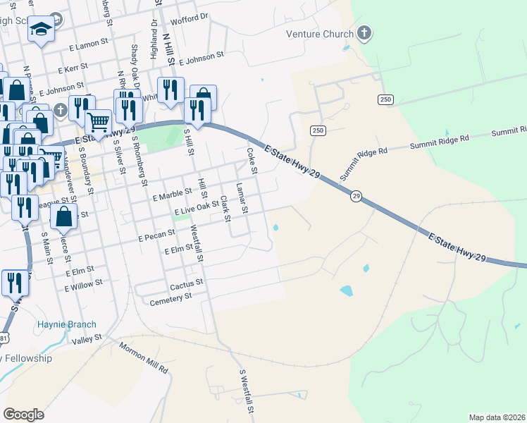 map of restaurants, bars, coffee shops, grocery stores, and more near 1209 East Pecan Street in Burnet