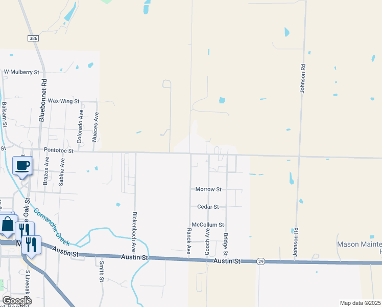 map of restaurants, bars, coffee shops, grocery stores, and more near 1114 East Pontotoc Street in Mason