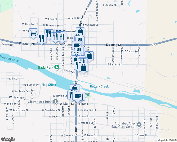 map of restaurants, bars, coffee shops, grocery stores, and more near 208 East Tarrant Street in Llano