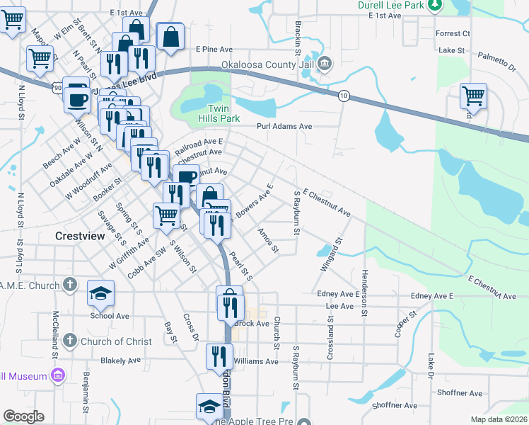 map of restaurants, bars, coffee shops, grocery stores, and more near 467 Bowers Avenue East in Crestview
