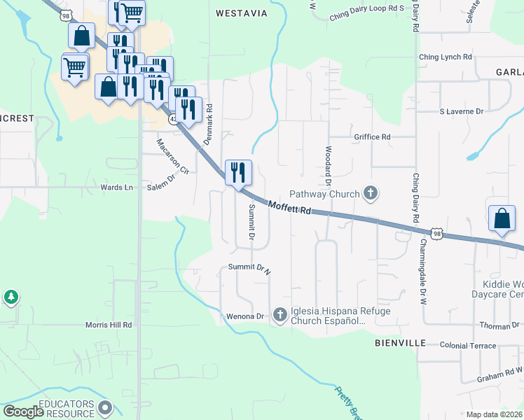 map of restaurants, bars, coffee shops, grocery stores, and more near 7449-7501 Moffett Road in Mobile