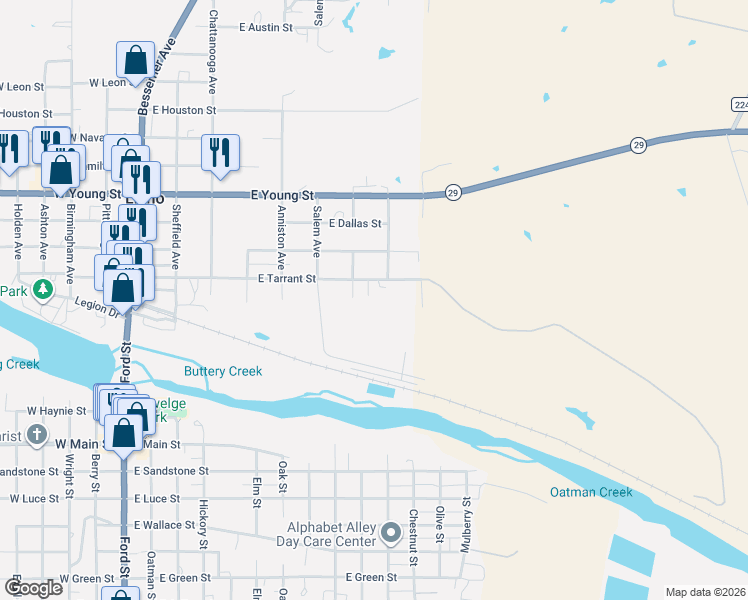 map of restaurants, bars, coffee shops, grocery stores, and more near 704 East Tarrant Street in Llano