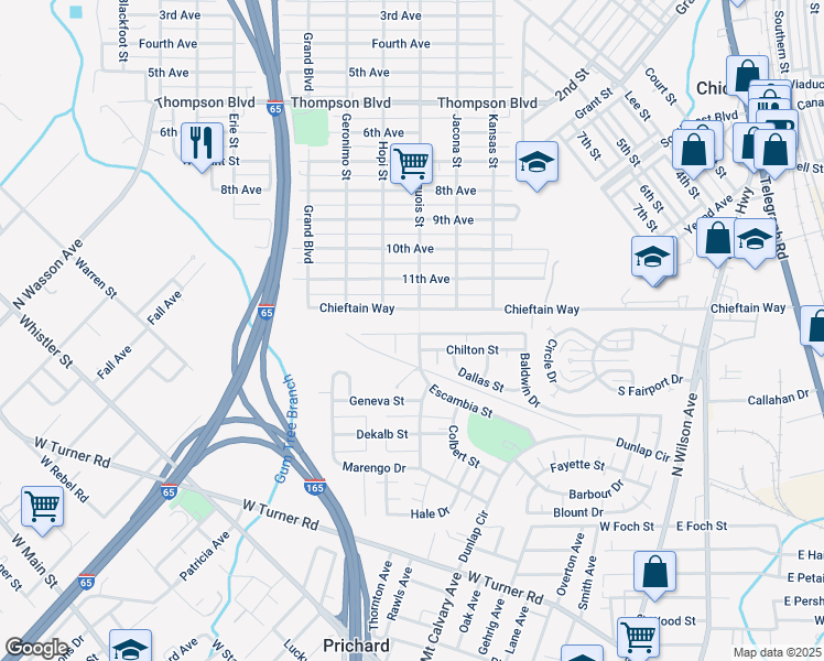 map of restaurants, bars, coffee shops, grocery stores, and more near 1004 Baldwin Drive in Prichard