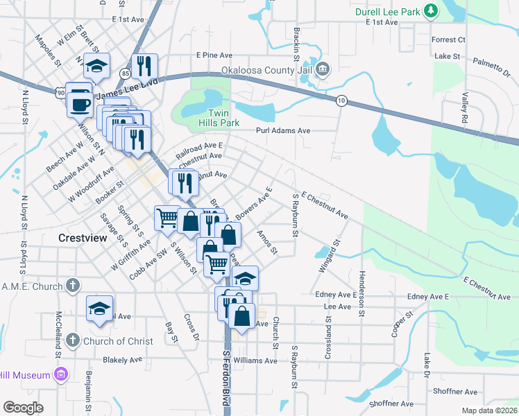 map of restaurants, bars, coffee shops, grocery stores, and more near 467 Bowers Avenue East in Crestview