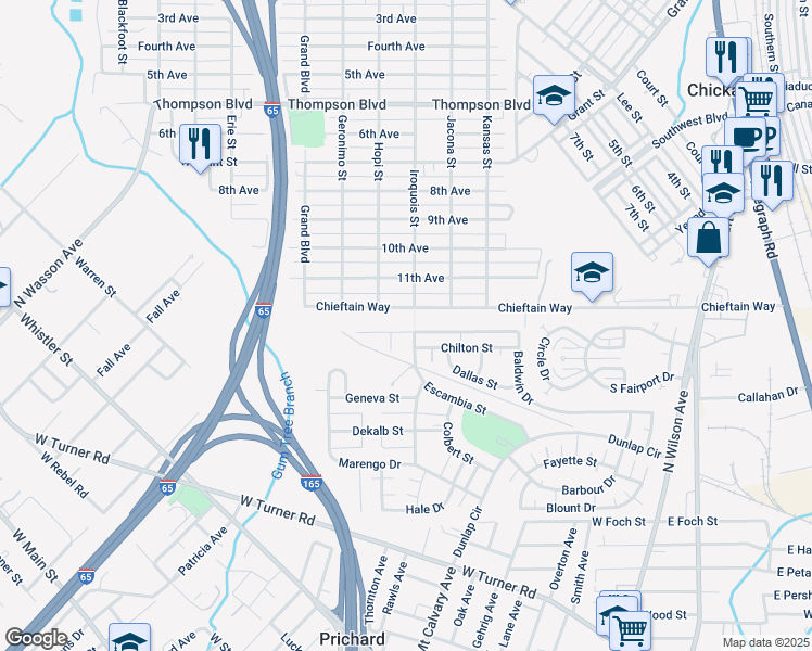 map of restaurants, bars, coffee shops, grocery stores, and more near 1004 Baldwin Drive in Prichard