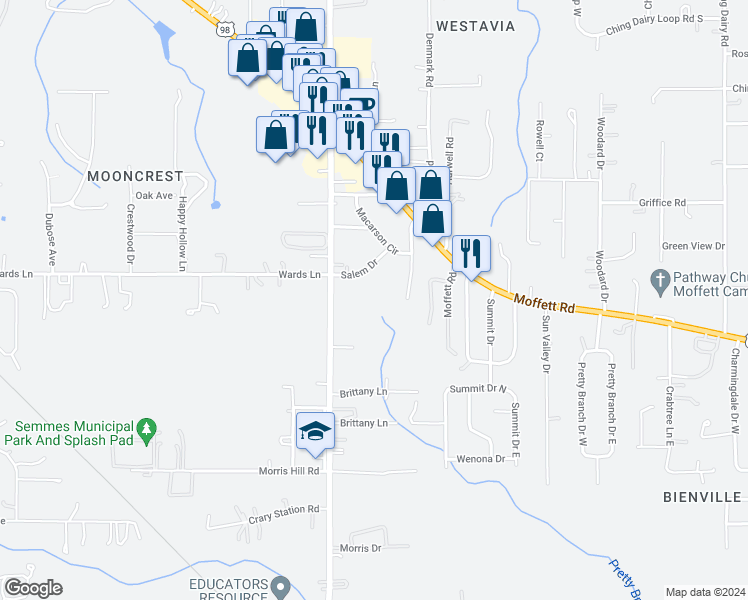 map of restaurants, bars, coffee shops, grocery stores, and more near 3052 Schillinger Road North in Semmes