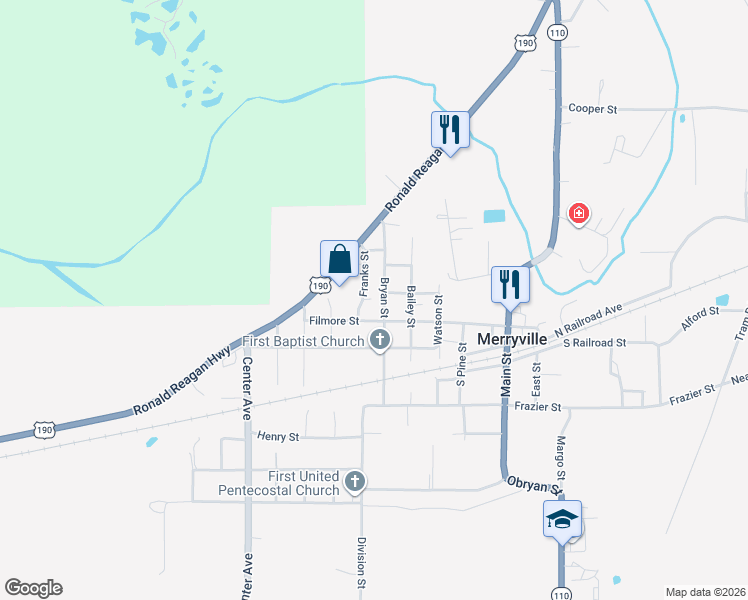 map of restaurants, bars, coffee shops, grocery stores, and more near Bryan Street in Merryville