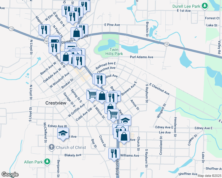 map of restaurants, bars, coffee shops, grocery stores, and more near 461 Brett Street South in Crestview