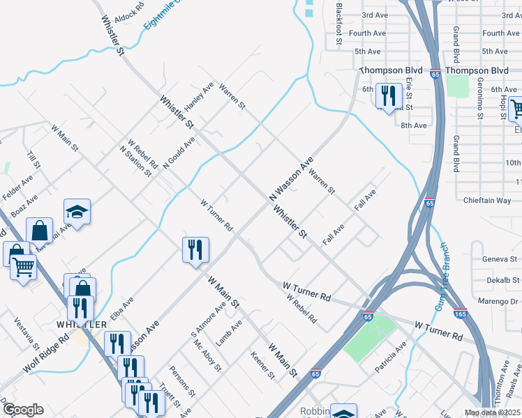 map of restaurants, bars, coffee shops, grocery stores, and more near 265 North Wasson Avenue in Mobile