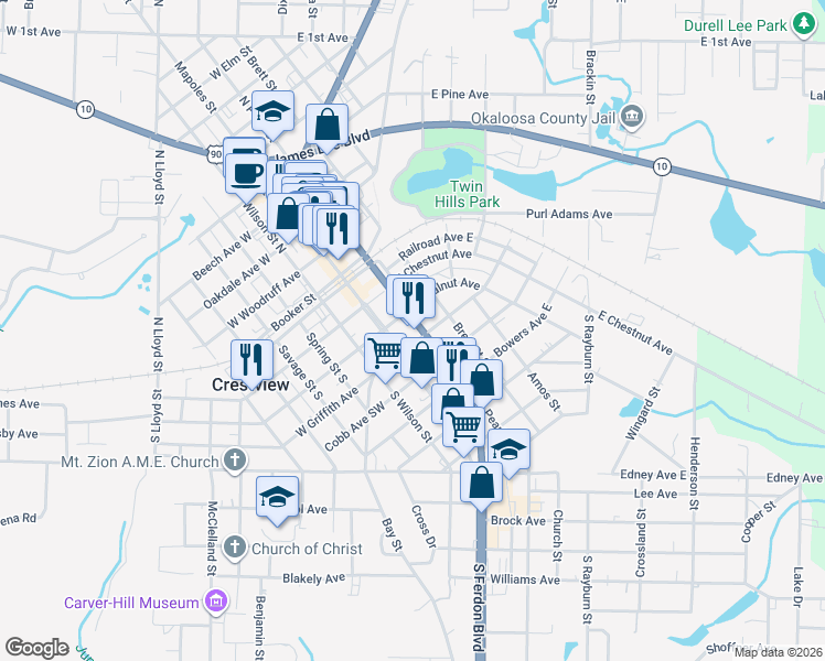 map of restaurants, bars, coffee shops, grocery stores, and more near 252 South Ferdon Boulevard in Crestview