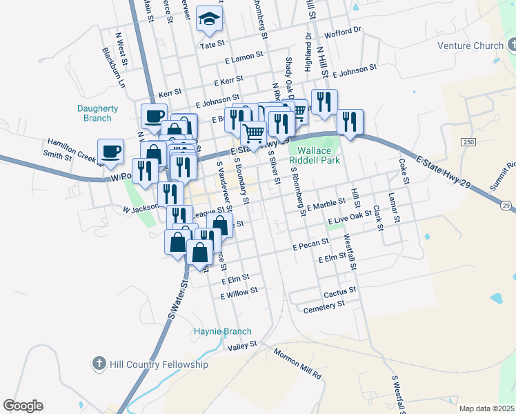 map of restaurants, bars, coffee shops, grocery stores, and more near 401 South Boundary Street in Burnet