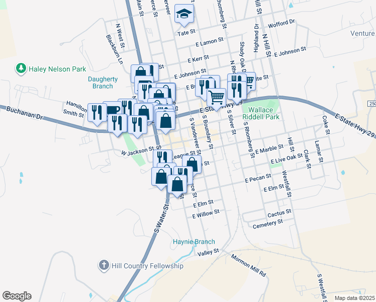 map of restaurants, bars, coffee shops, grocery stores, and more near 309 South Pierce Street in Burnet