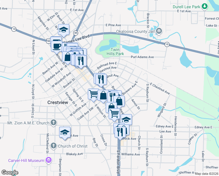 map of restaurants, bars, coffee shops, grocery stores, and more near 461 Brett Street South in Crestview