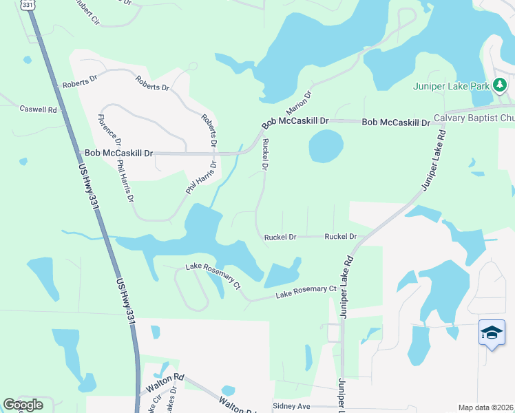 map of restaurants, bars, coffee shops, grocery stores, and more near 253 Ruckel Drive in DeFuniak Springs