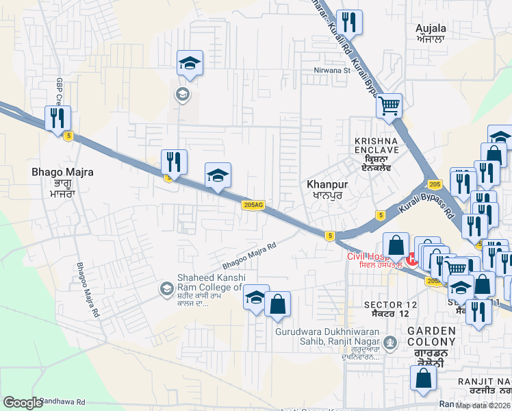 map of restaurants, bars, coffee shops, grocery stores, and more near National Highway 95 in Sahibazada Ajit Singh Nagar
