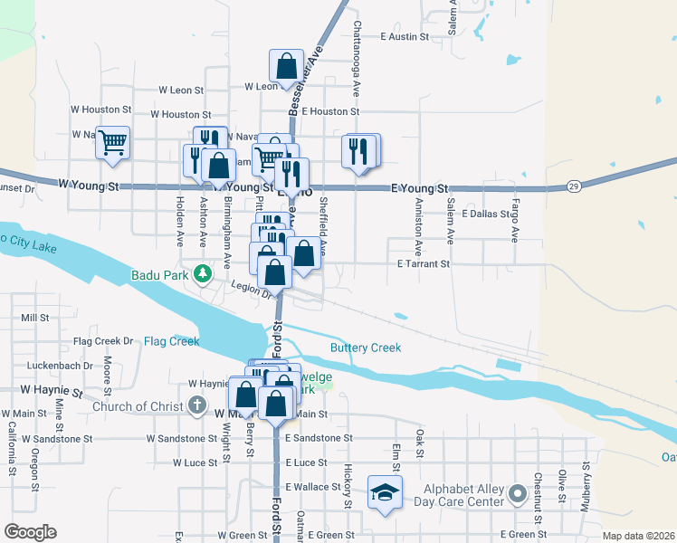 map of restaurants, bars, coffee shops, grocery stores, and more near 208 East Tarrant Street in Llano