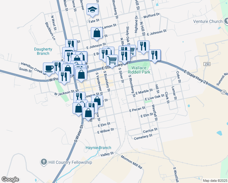 map of restaurants, bars, coffee shops, grocery stores, and more near 401 South Boundary Street in Burnet