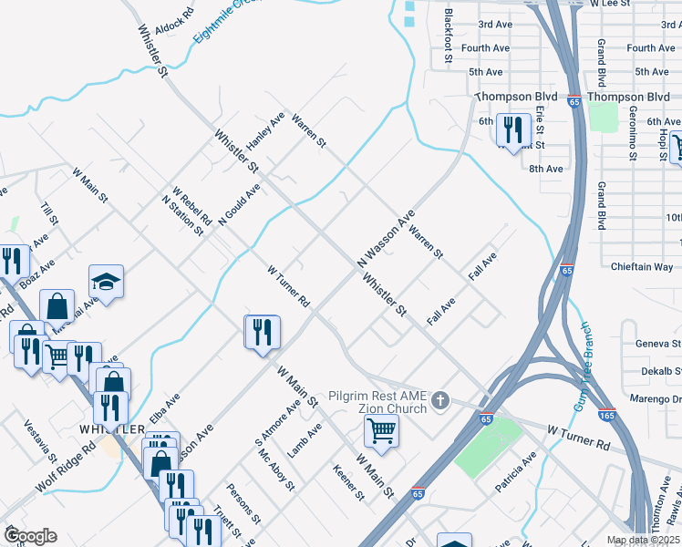map of restaurants, bars, coffee shops, grocery stores, and more near 265 North Wasson Avenue in Mobile