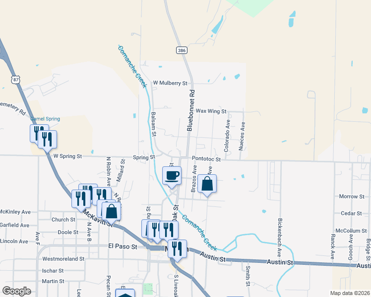 map of restaurants, bars, coffee shops, grocery stores, and more near 716 Bluebonnet Road in Mason