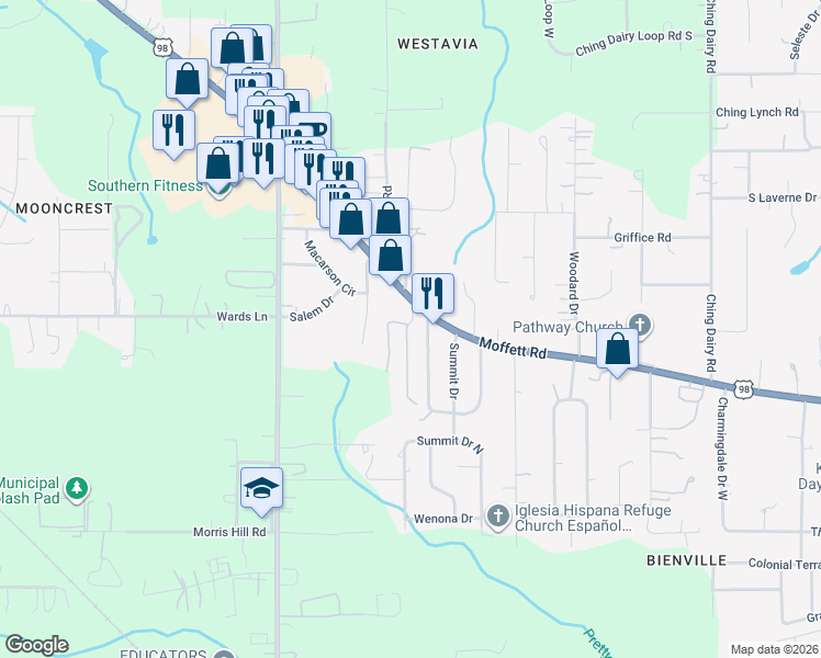 map of restaurants, bars, coffee shops, grocery stores, and more near 7565 Moffett Rd in Mobile