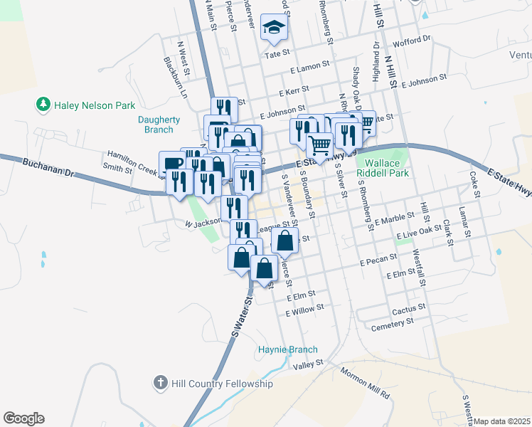 map of restaurants, bars, coffee shops, grocery stores, and more near 309 South Pierce Street in Burnet