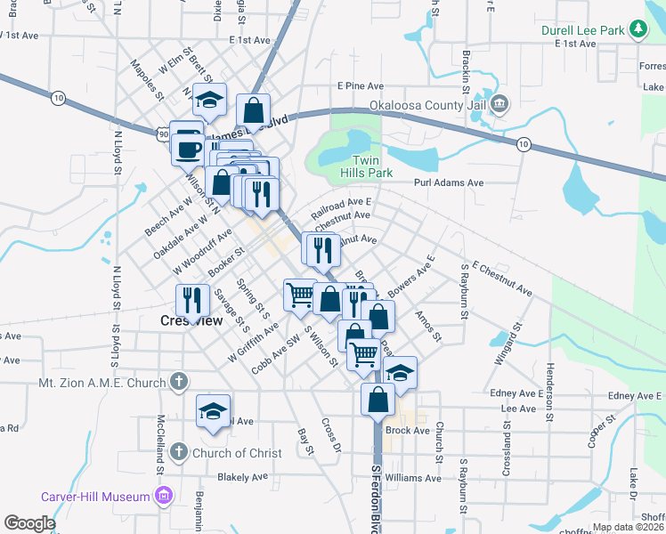 map of restaurants, bars, coffee shops, grocery stores, and more near 252 South Ferdon Boulevard in Crestview