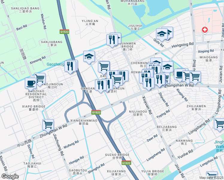 map of restaurants, bars, coffee shops, grocery stores, and more near 88 Xiangxian Road in Jiaxing Shi