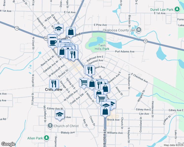 map of restaurants, bars, coffee shops, grocery stores, and more near 252 South Ferdon Boulevard in Crestview