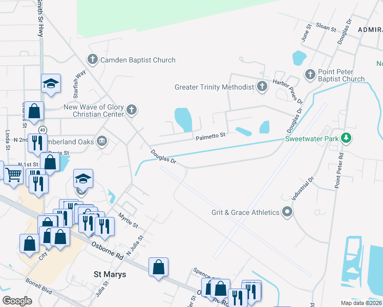 map of restaurants, bars, coffee shops, grocery stores, and more near 163 Deep Bay Circle in Saint Marys