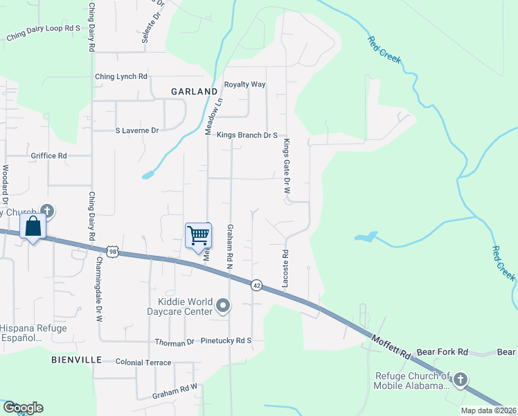 map of restaurants, bars, coffee shops, grocery stores, and more near 5053 North Pinetucky Road in Mobile