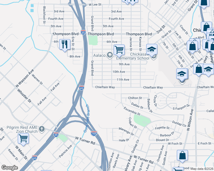 map of restaurants, bars, coffee shops, grocery stores, and more near 1118 Baldwin Drive in Prichard