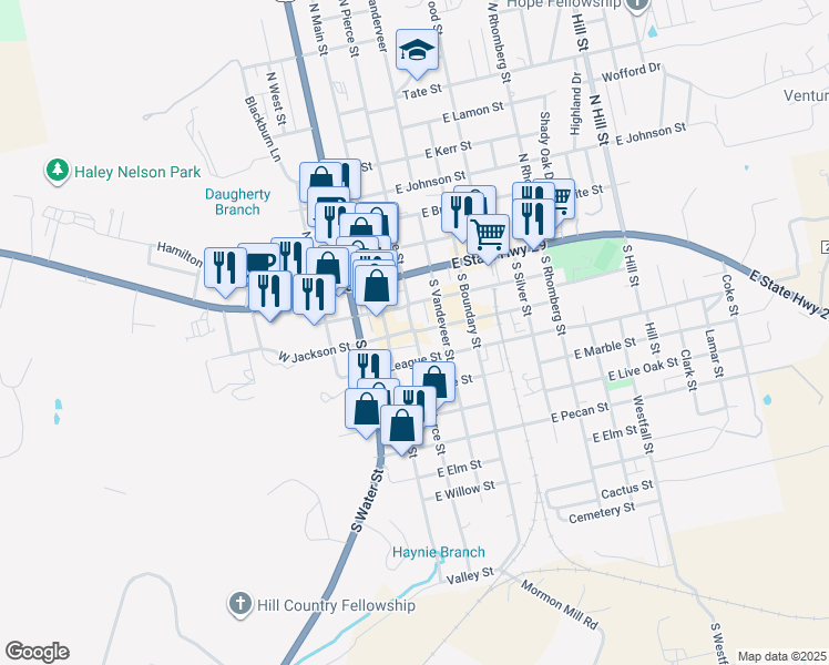 map of restaurants, bars, coffee shops, grocery stores, and more near 220 South Pierce Street in Burnet
