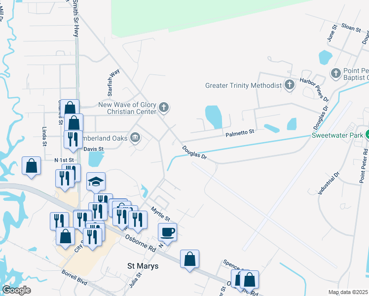 map of restaurants, bars, coffee shops, grocery stores, and more near 1228 Douglas Drive in Saint Marys