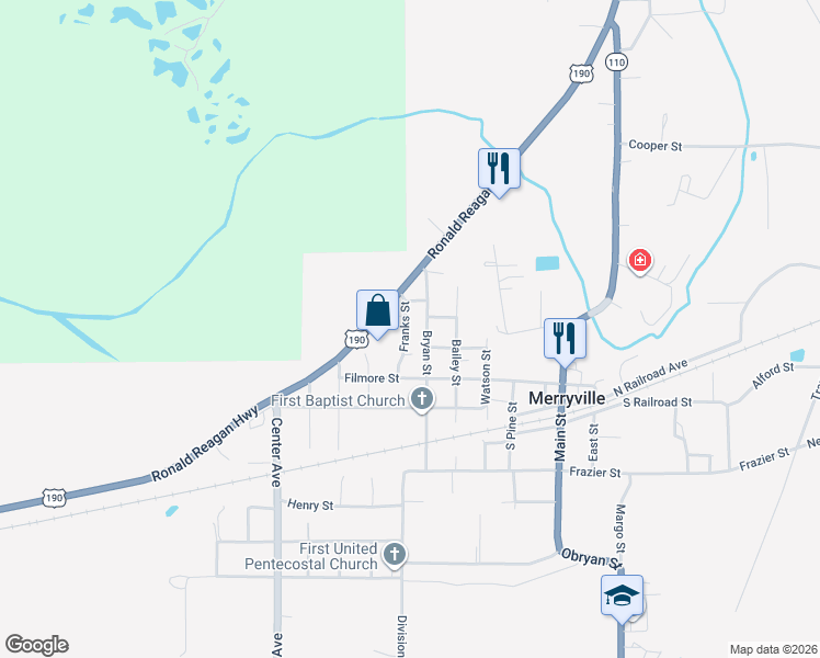 map of restaurants, bars, coffee shops, grocery stores, and more near Bryan Street in Merryville