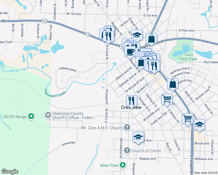 map of restaurants, bars, coffee shops, grocery stores, and more near 333 North Lincoln Street in Crestview