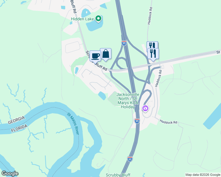 map of restaurants, bars, coffee shops, grocery stores, and more near 208 Pine Bluff Way in Kingsland