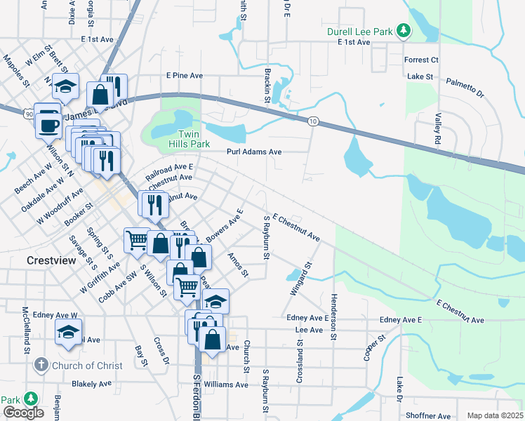 map of restaurants, bars, coffee shops, grocery stores, and more near 804 East Chestnut Avenue in Crestview