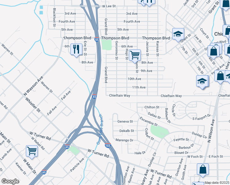 map of restaurants, bars, coffee shops, grocery stores, and more near 53 Geronimo Street in Chickasaw