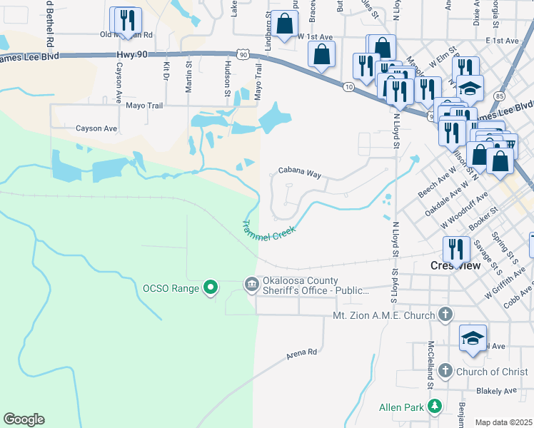 map of restaurants, bars, coffee shops, grocery stores, and more near 156 Cabana Way in Crestview
