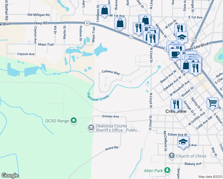 map of restaurants, bars, coffee shops, grocery stores, and more near 176 Cabana Way in Crestview