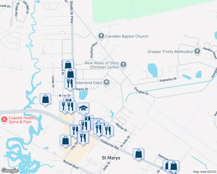 map of restaurants, bars, coffee shops, grocery stores, and more near 100 Mary Powell Drive in St. Marys