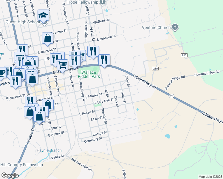 map of restaurants, bars, coffee shops, grocery stores, and more near 1006 East League Street in Burnet