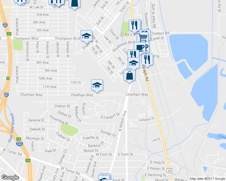 map of restaurants, bars, coffee shops, grocery stores, and more near 50 12th Avenue in Chickasaw